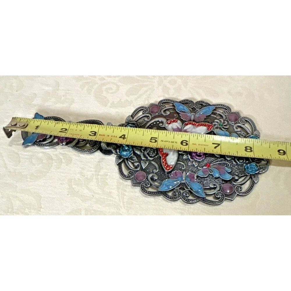 Vintage Style Enamel Butterfly Vanity Set Folding Hand Mirror & Hair Comb In Box